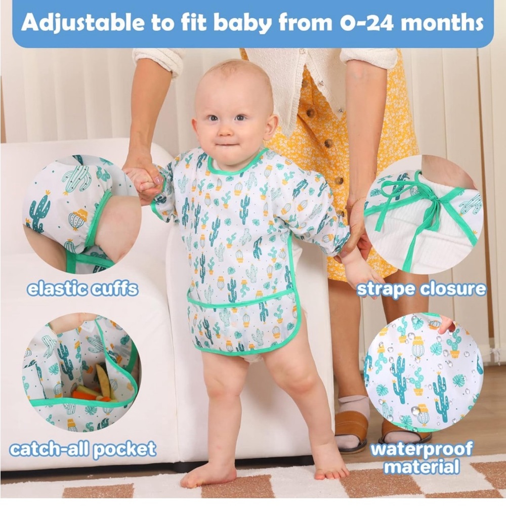 Long Sleeve Bib, Waterproof Toddler Bibs, 0-24 Months Neutral Baby Smock.